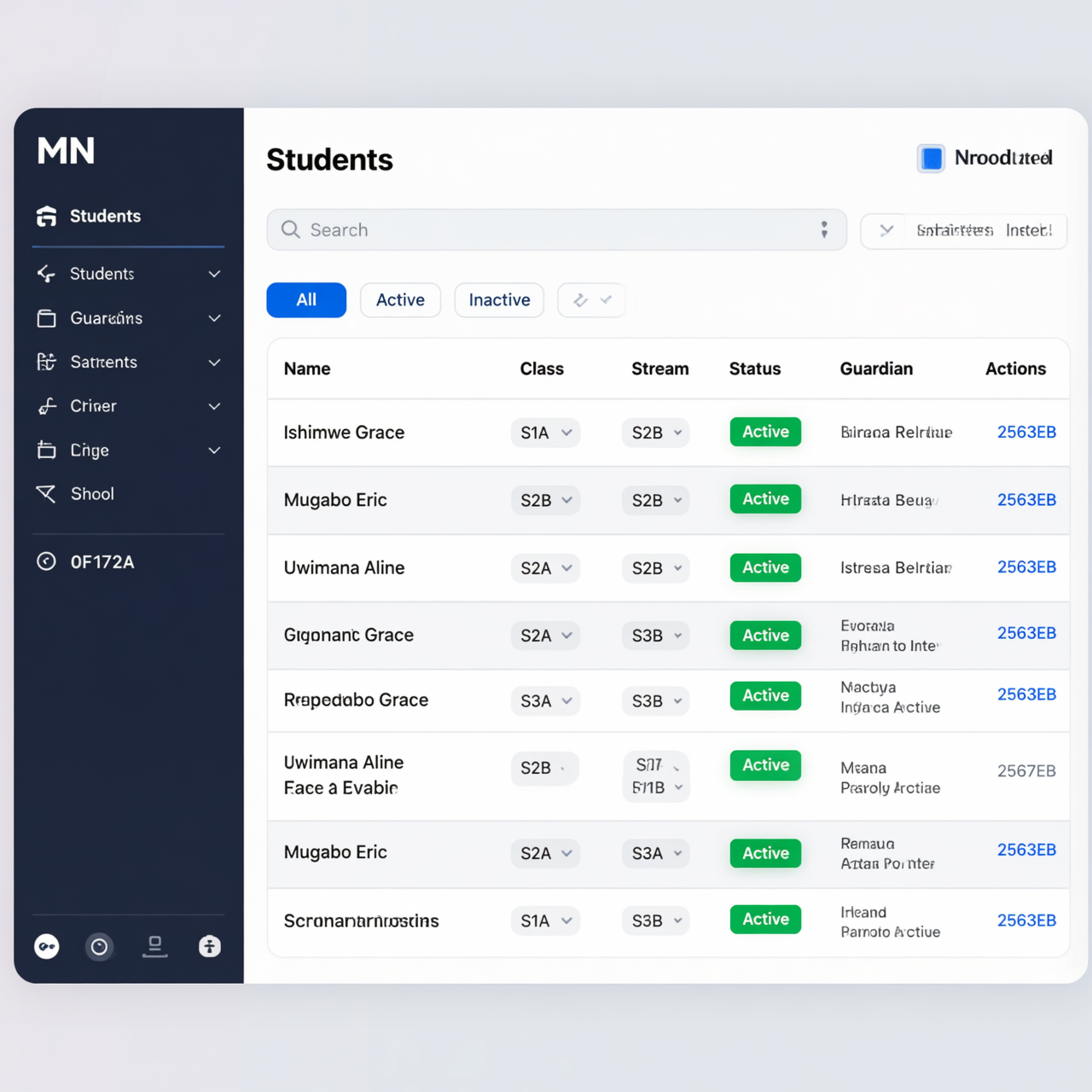 Student records with class, stream, and status